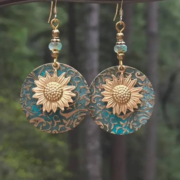 Boho Sunflower Earrings Vintage Engagement Wedding Drop Earrings - Picture 3 of 5